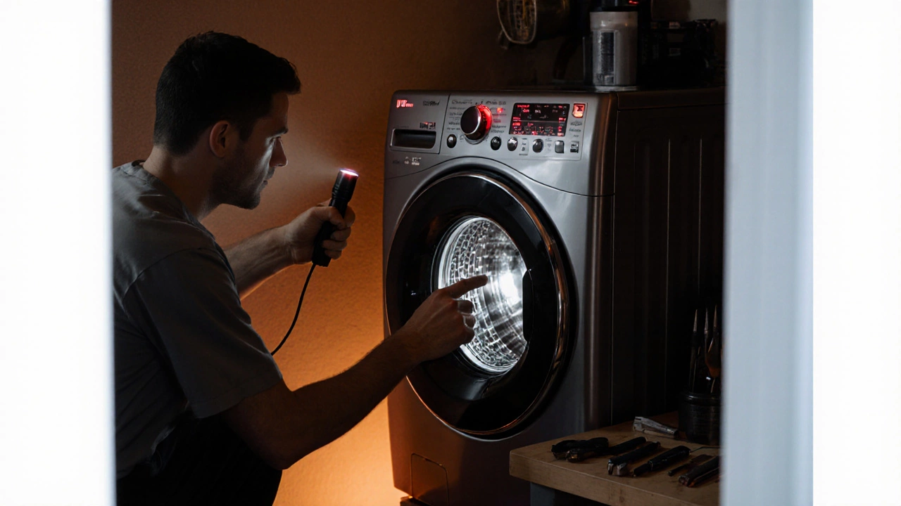 Specialist examining a washing machine&#039;s drain pump with a homeowner looking on.