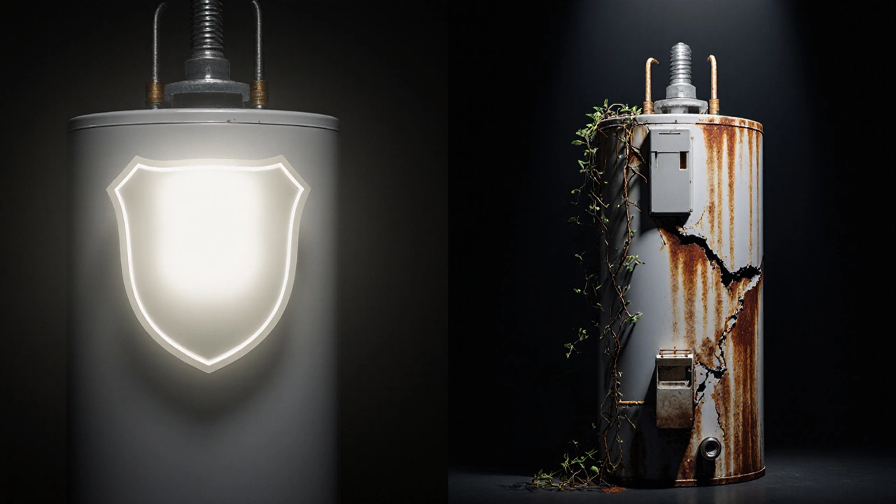 Split image: intact water heater with protective rod versus rusted, leaking tank.