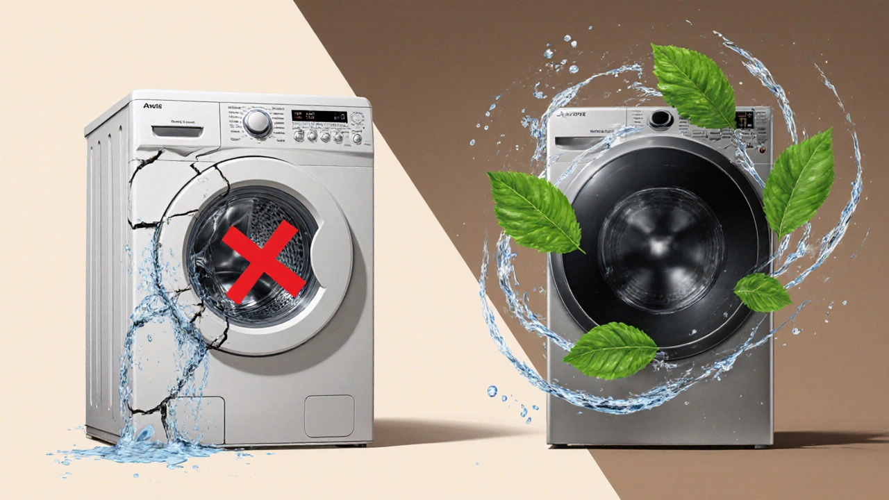Split image showing an old inefficient washer versus a new energy-efficient model.