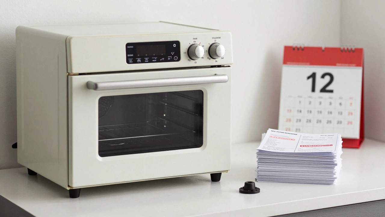 A 12-year-old Bosch oven still in use beside discarded repair receipts, symbolizing long-term reliability.