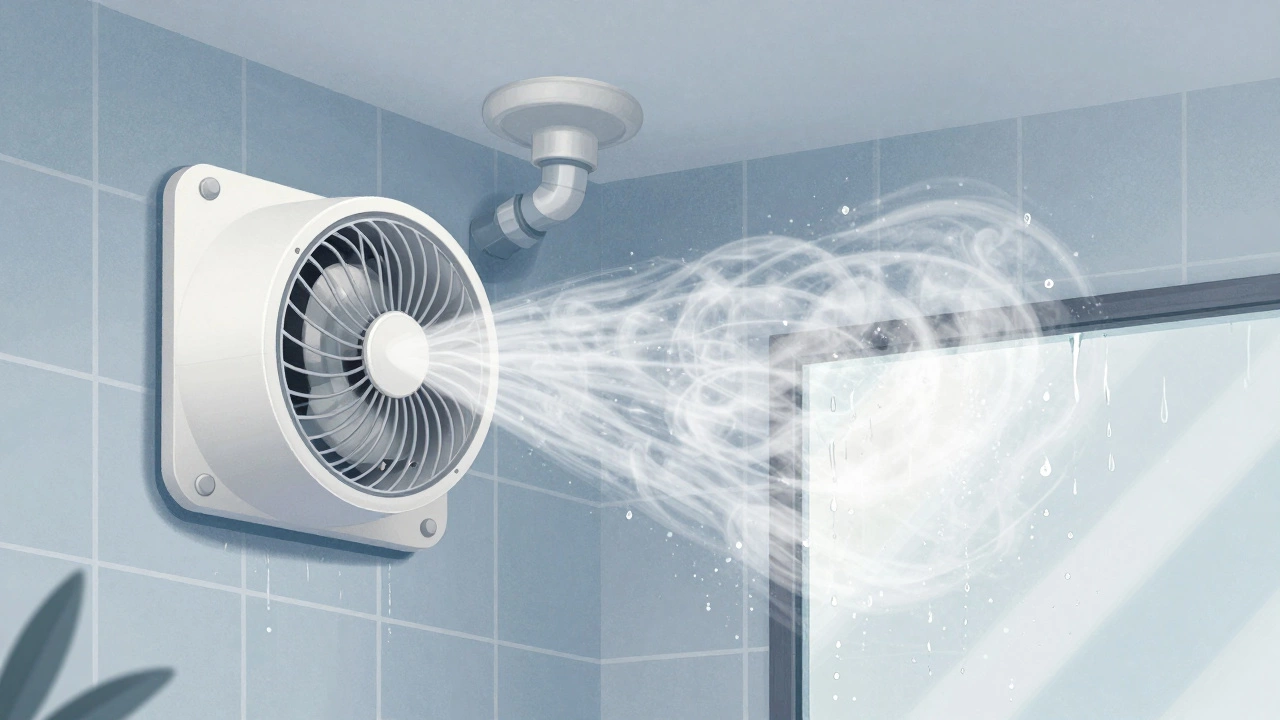 Bathroom extractor fan pulling moisture from air after shower, condensation fading from surfaces.