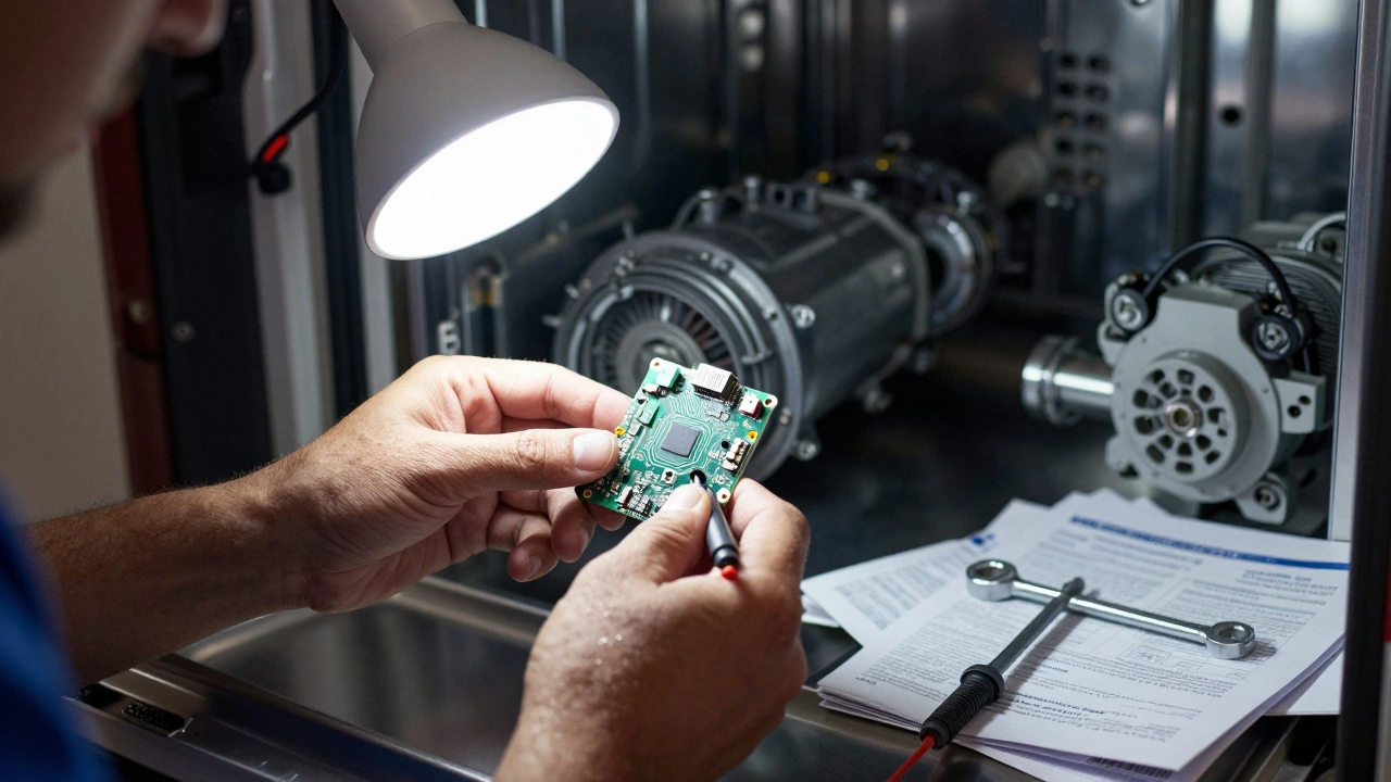 Close-up of hands working on a dishwasher circuit board with tools and manuals around.