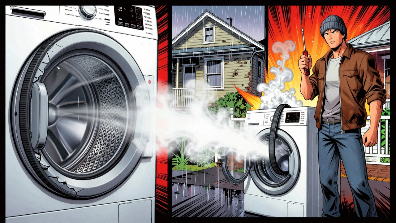 Comic-style split scene showing a broken dryer belt being replaced to restore airflow.