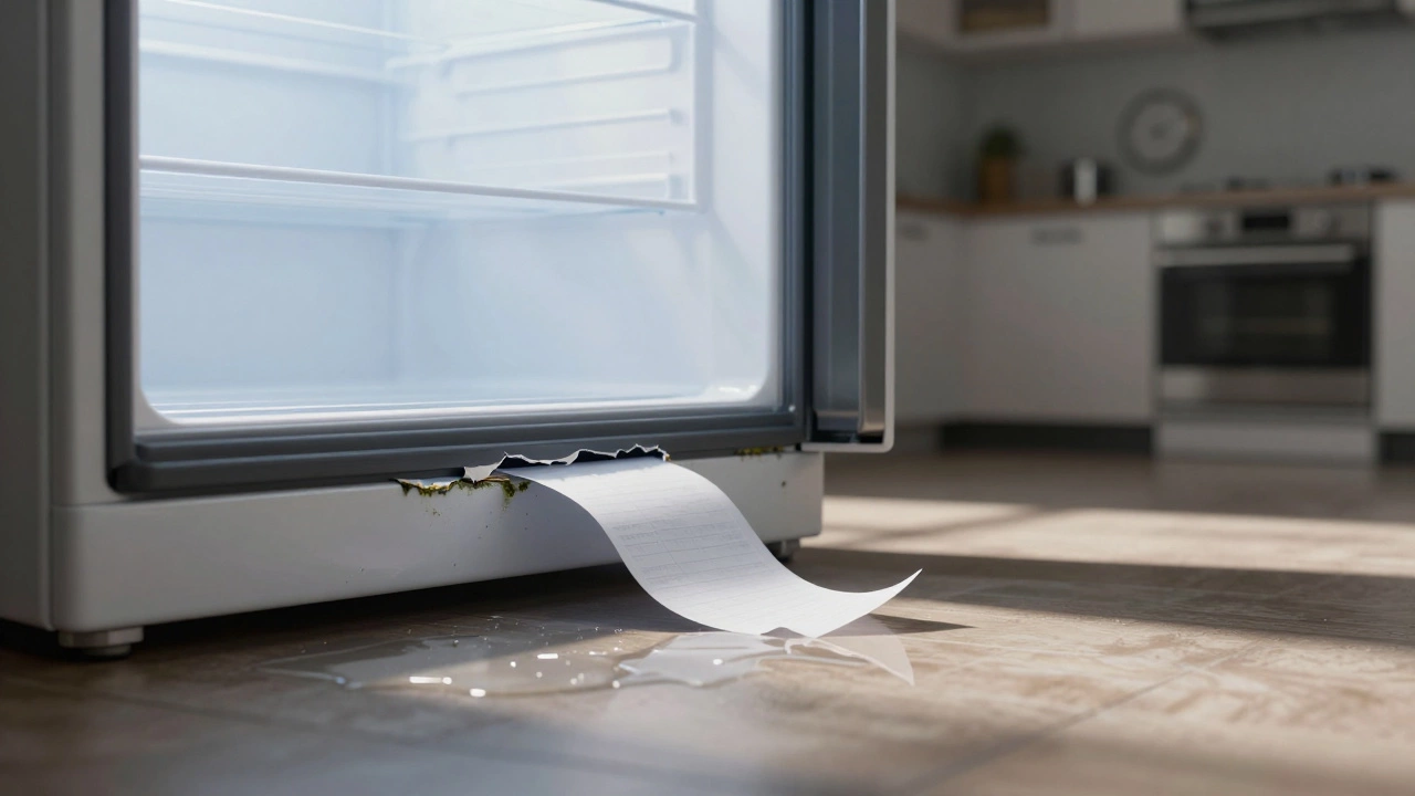 Cracked freezer seal letting cold air escape with water on floor