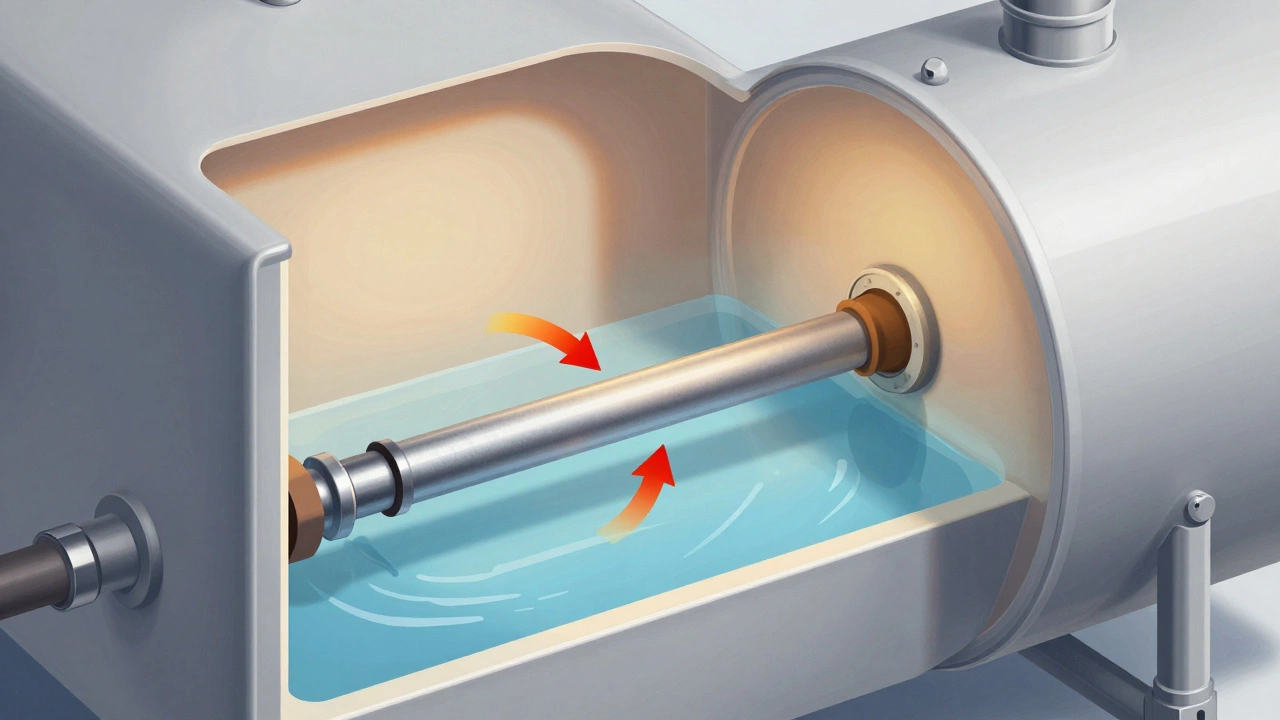 Cross-section of water heater showing anode rod protecting tank from corrosion through chemical reaction.