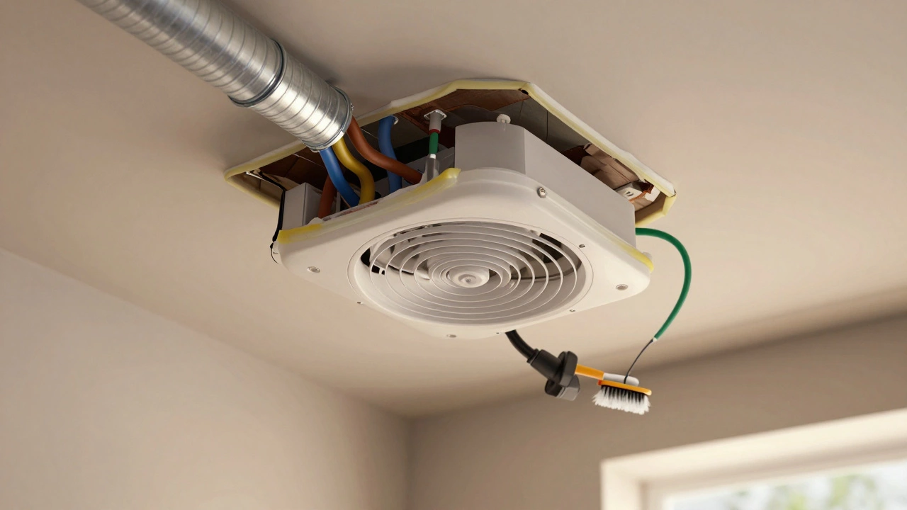 Cutaway view of a new extractor fan installed in ceiling with connected wires and sealed edge.