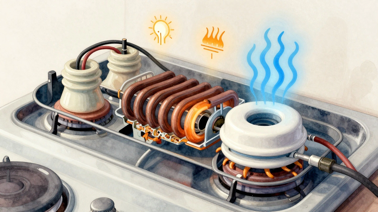 Cutaway view of an electric stove showing worn wiring and a new replacement element.