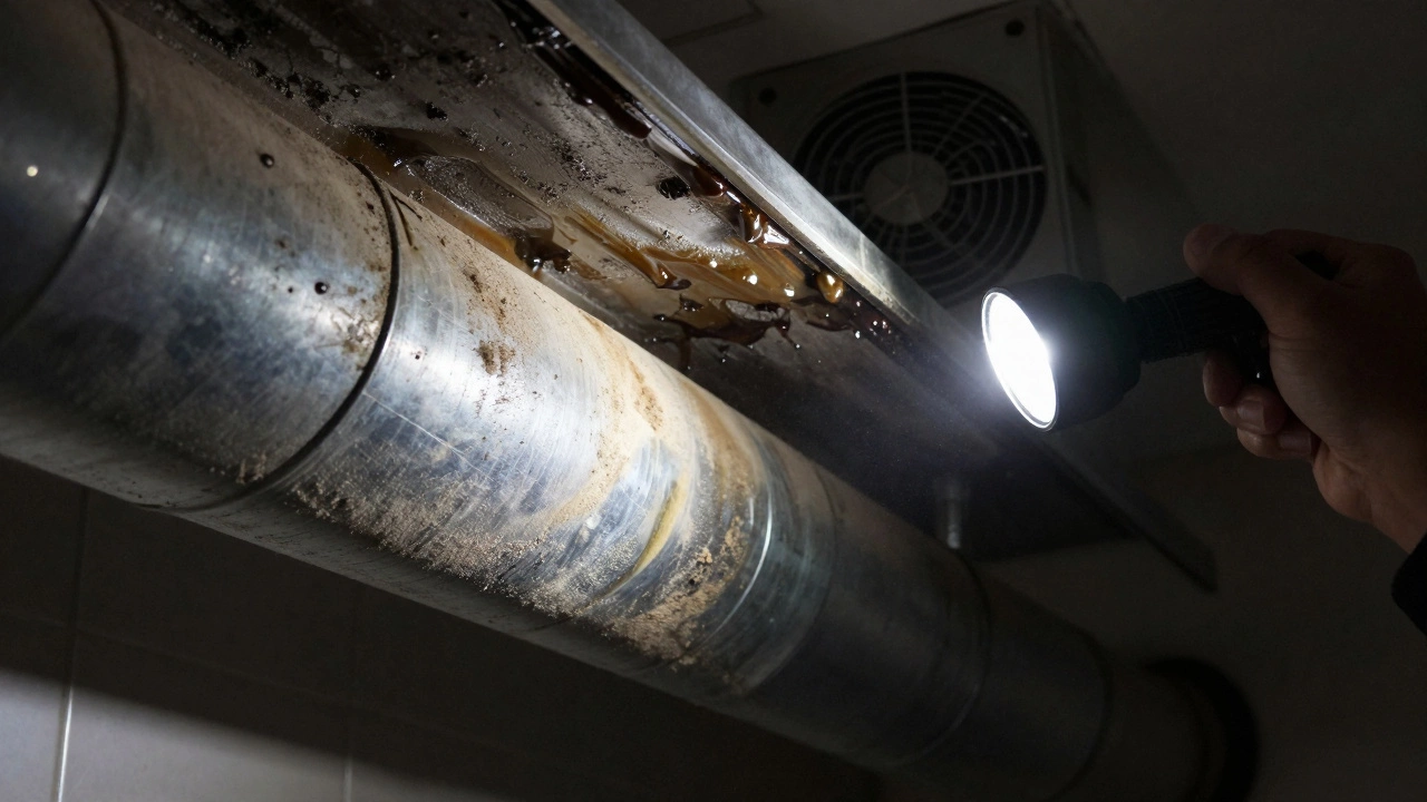 Flashlight illuminating greasy buildup inside a kitchen exhaust duct.