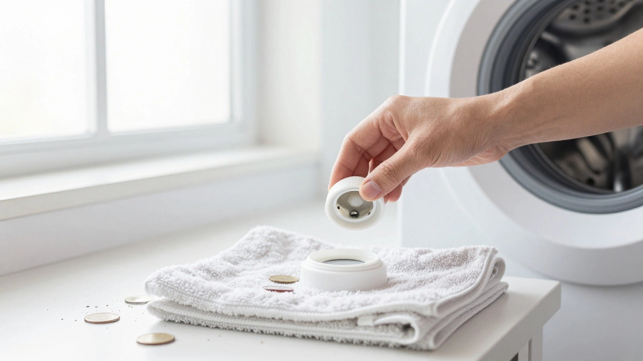 Hand removing washing machine filter with debris on counter, towels ready to catch water.