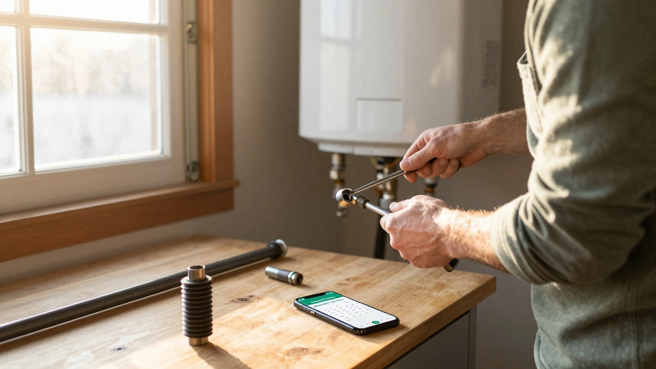 Homeowner inspecting anode rod in garage with tools and replacement rod on workbench at dawn.