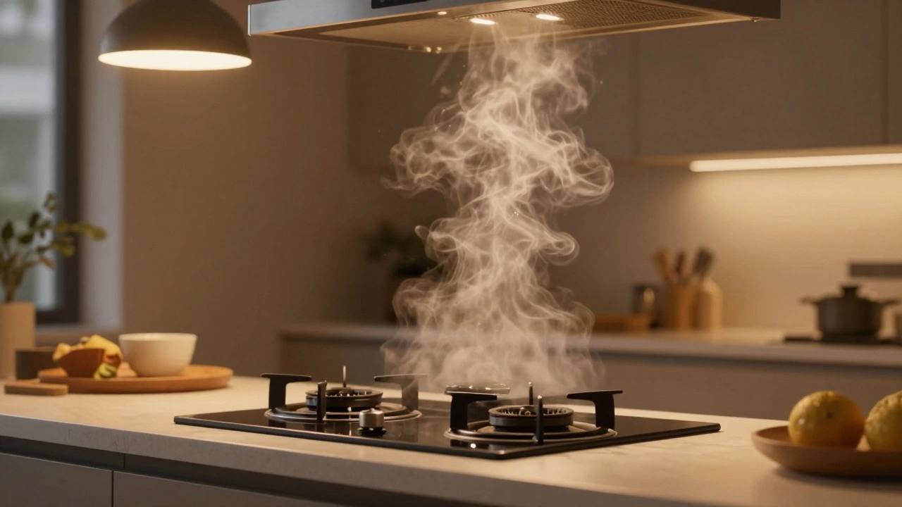 Modern extractor fan actively removing steam from a kitchen stove at dusk with warm lighting.