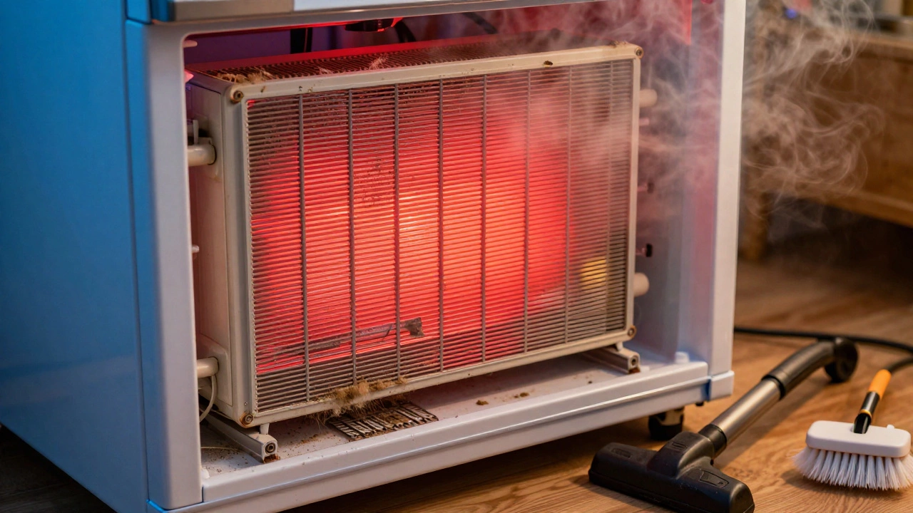 Overheating freezer back panel covered in dust and steam