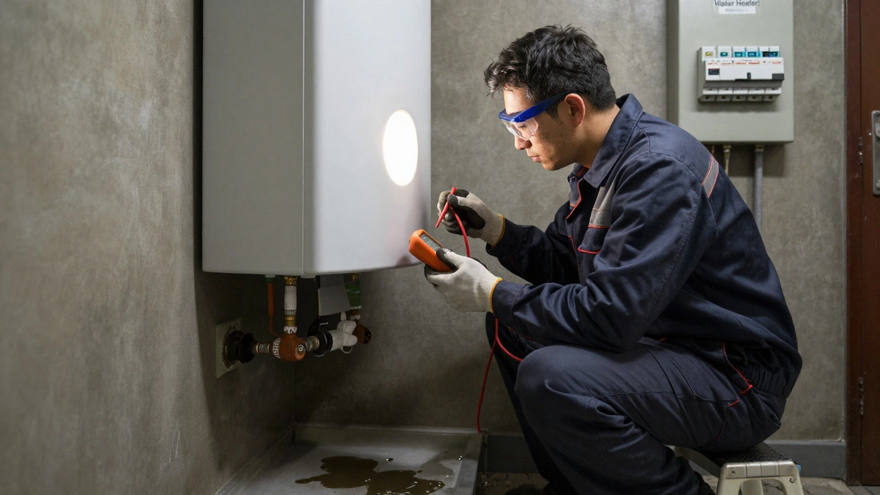 Professional electrician inspecting water heater with multimeter in basement.