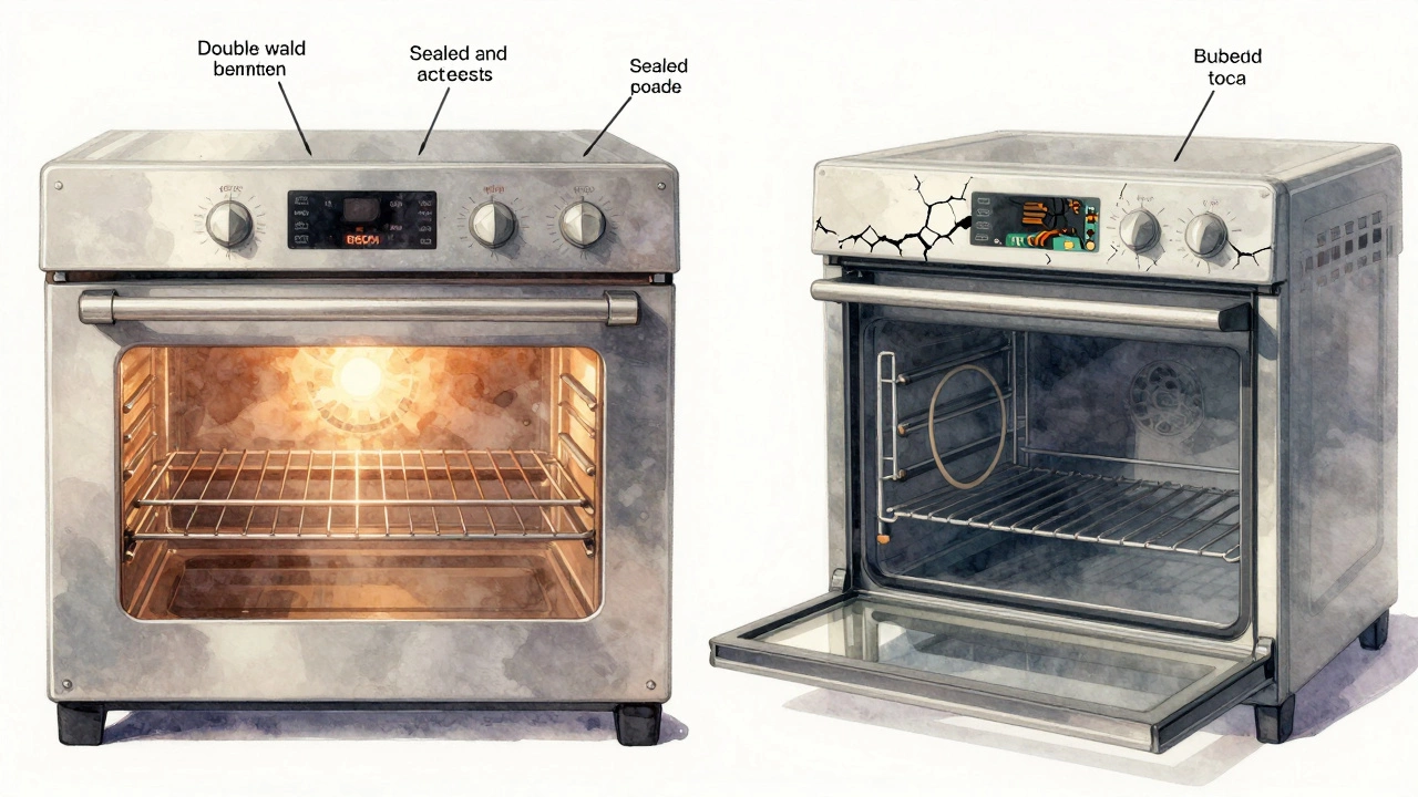 Side-by-side illustration comparing a durable Bosch oven with a fragile budget oven, highlighting material differences.