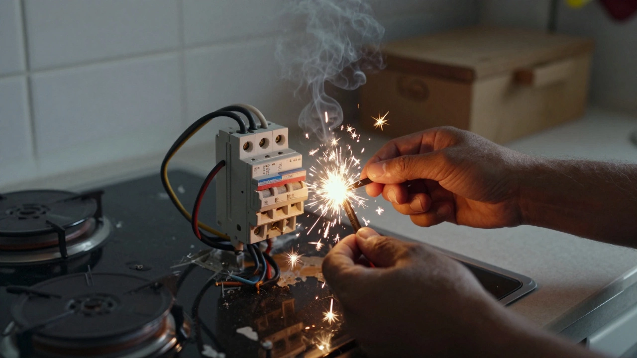 Sparks and smoke from incorrect DIY connection of an electric hob.
