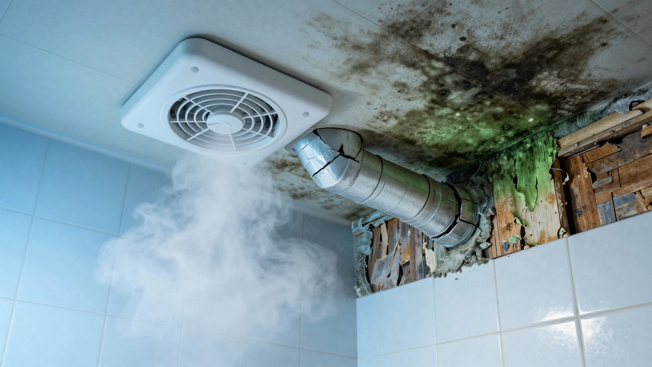 Split image: clean bathroom with working fan vs. mouldy ceiling from neglected ventilation.