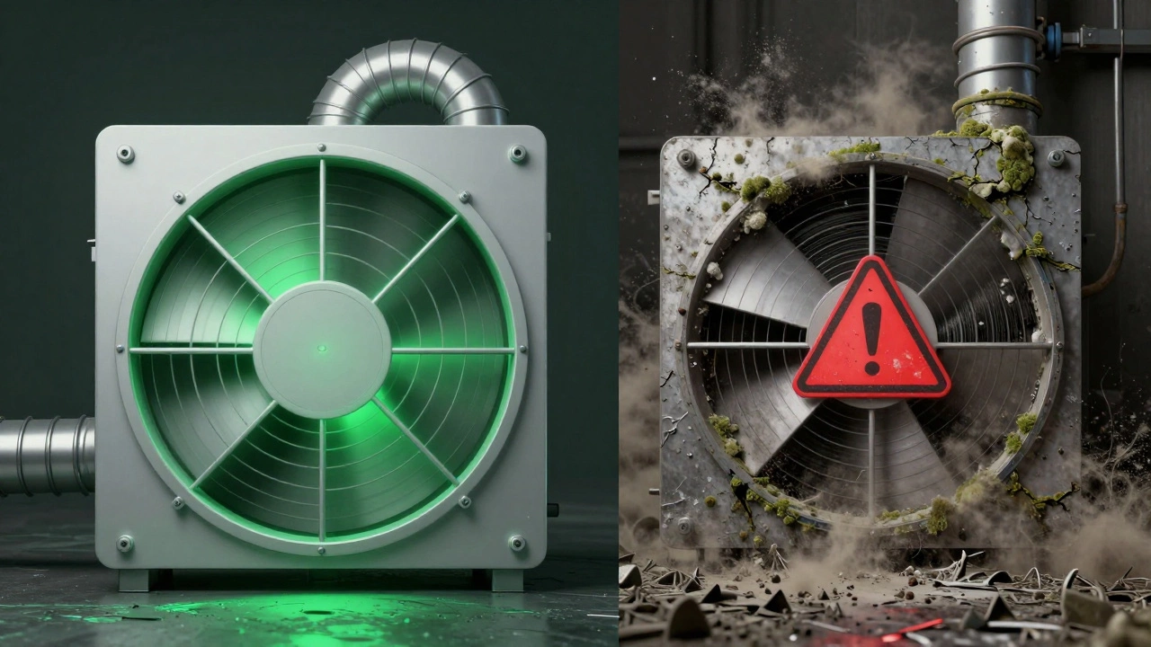 Split image: clean efficient fan on left, clogged and moldy fan on right, symbolizing maintenance vs neglect.