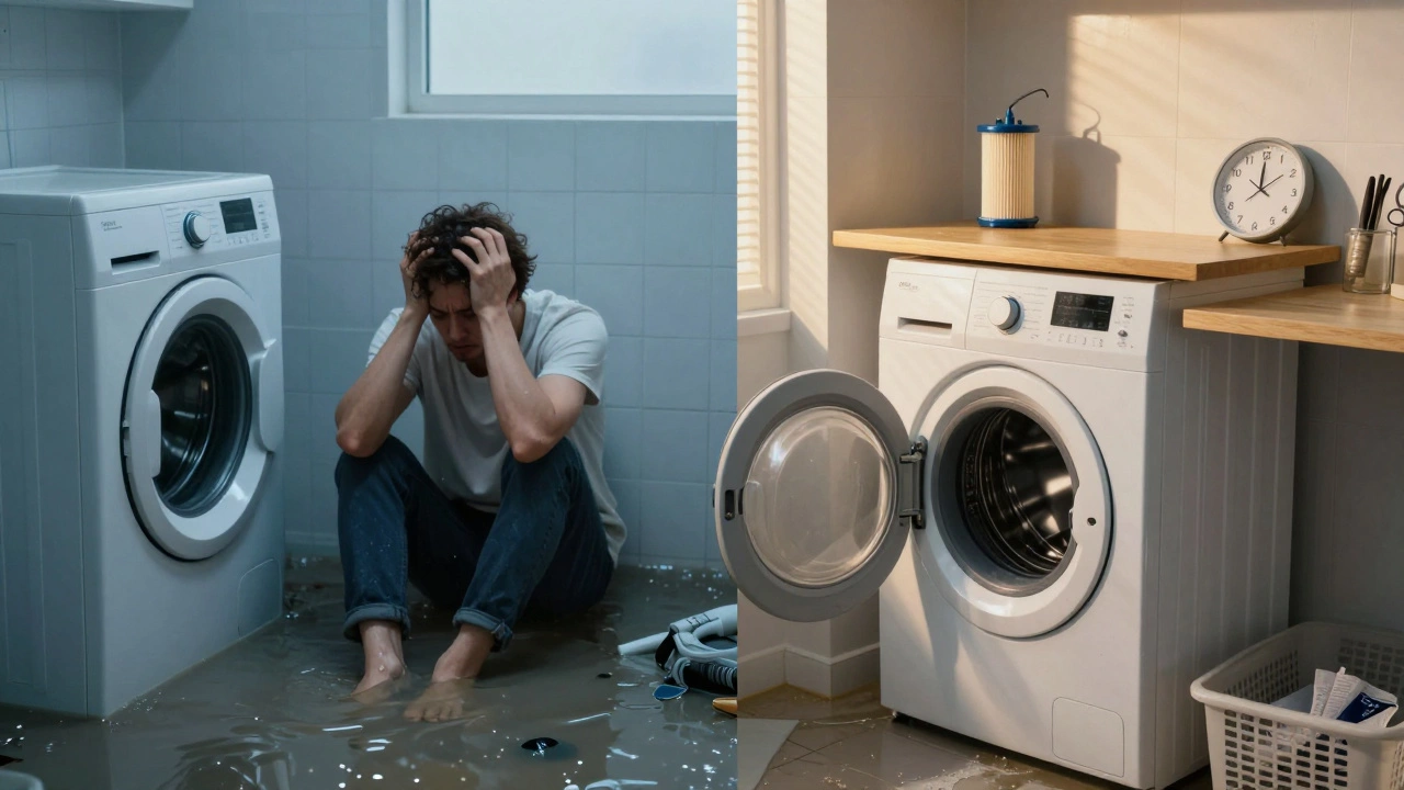 Split-image comparison: messy flooded laundry vs. clean repaired washer with replacement part on counter.