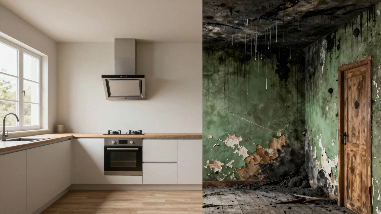 Split image: one side clean kitchen with working fan, other side damaged by mold and moisture.