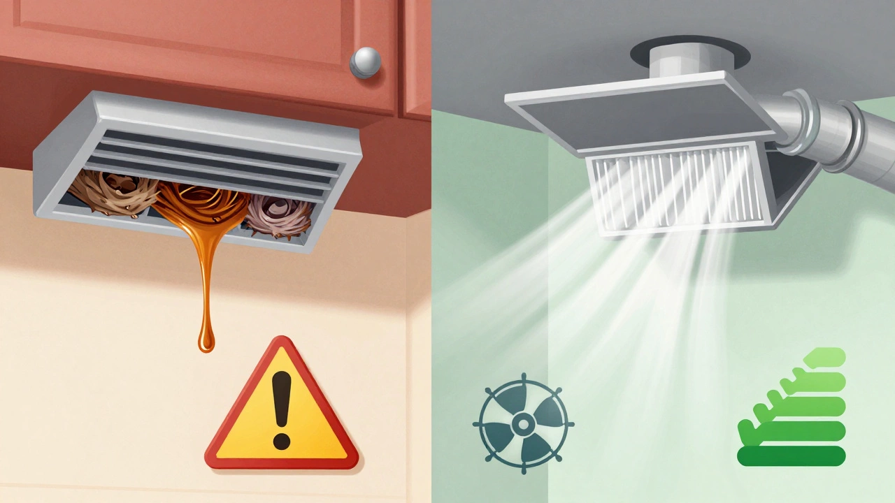 Split image showing clogged duct with reverse airflow versus clean duct with proper ventilation.