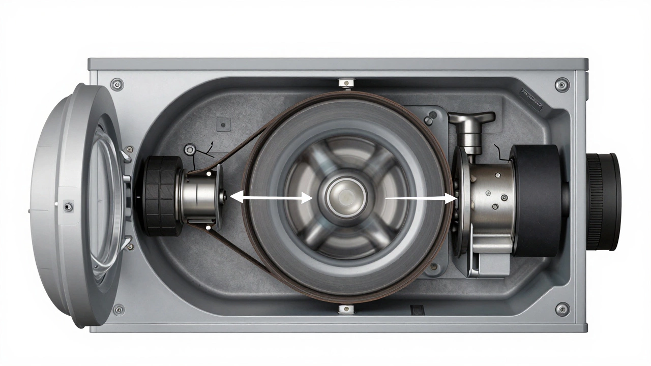 Technical cutaway illustration of a washing machine showing drive belt routing between motor and drum pulley.
