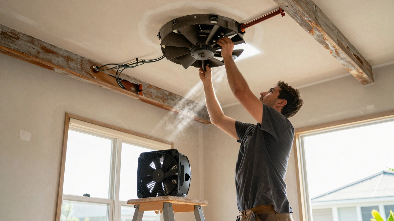 Technician removing a damaged ceiling extractor fan with exposed ducting.