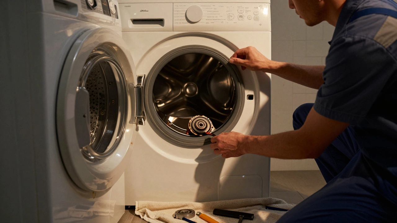 Technician repairing a washing machine, exposing internal drum bearings.