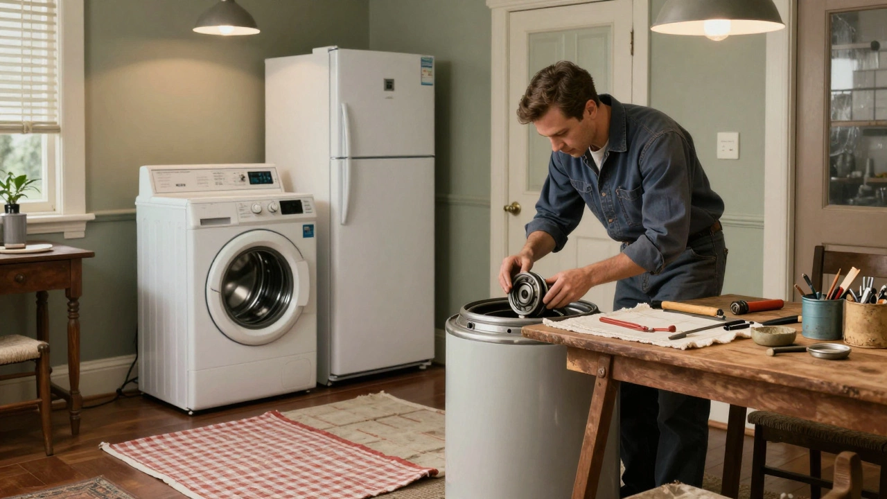Technician repairing a washing machine in a vintage home with drop cloths and tools nearby.