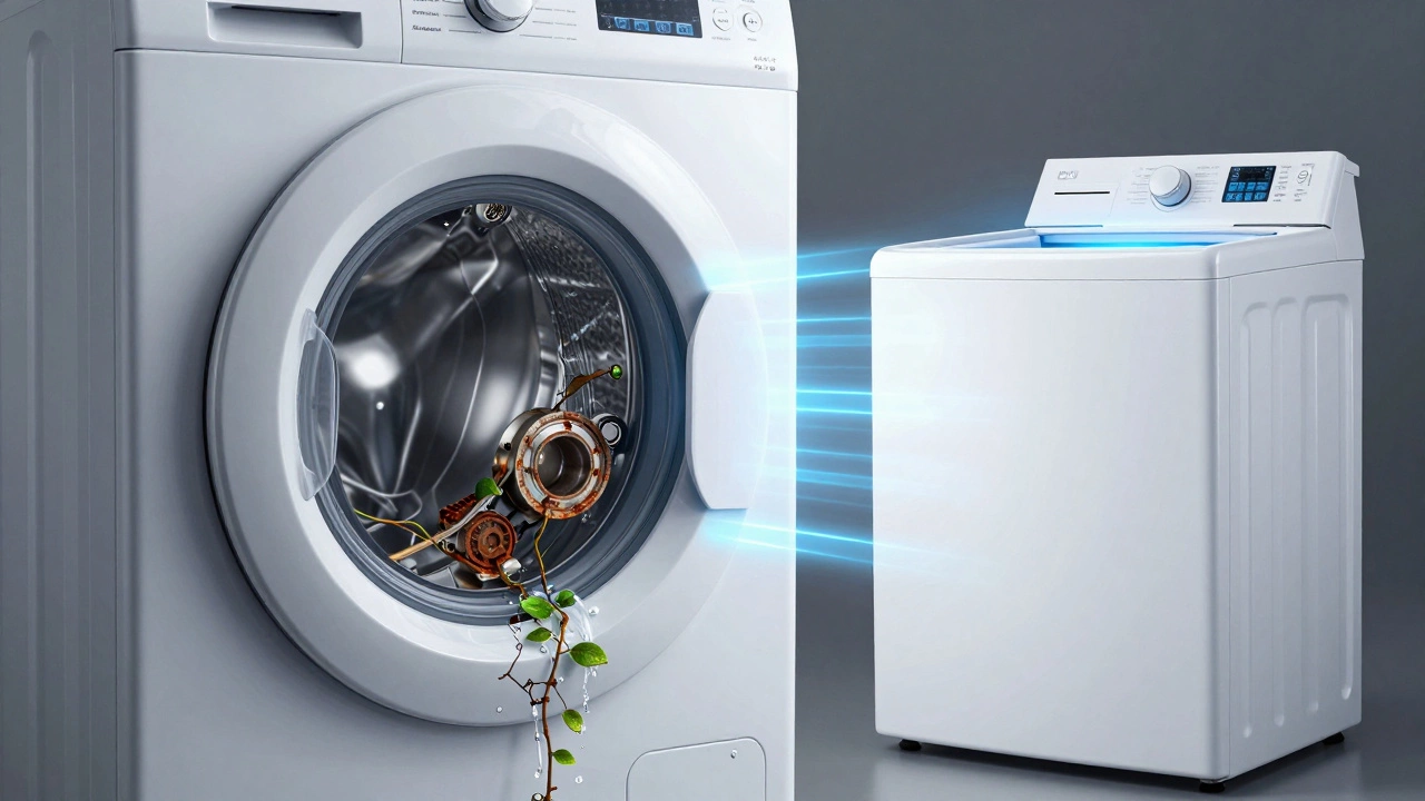 Transparent washing machine showing water leak damaging bearings vs. new efficient model.
