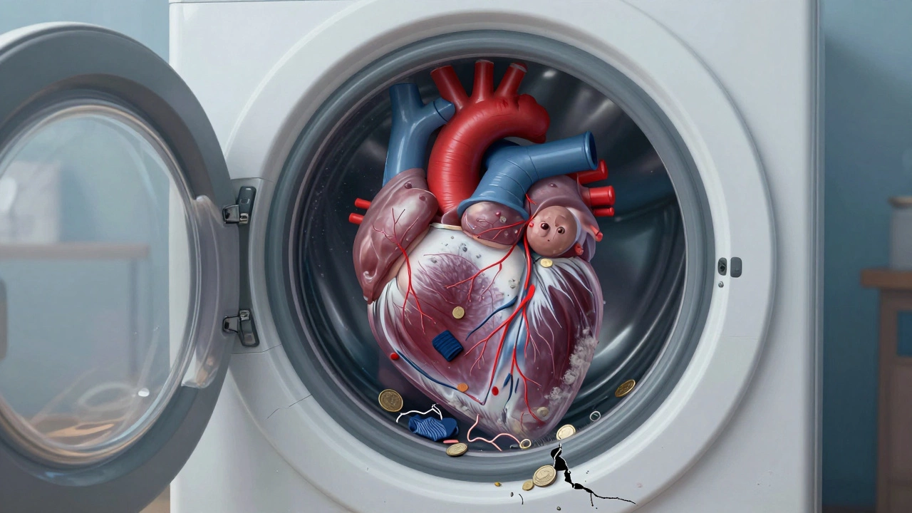 Washing machine depicted as a heart with pump clogged by debris and scale, symbolizing failure.