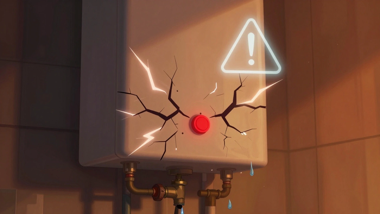 Water heater with cracking tank and dripping leak, surrounded by glowing warning symbol.