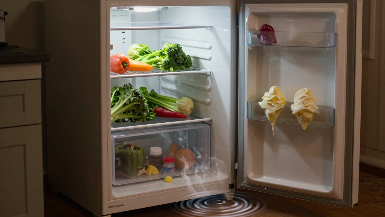 A failing fridge with melting ice cream and wilting food, faint heat ripples at its base.