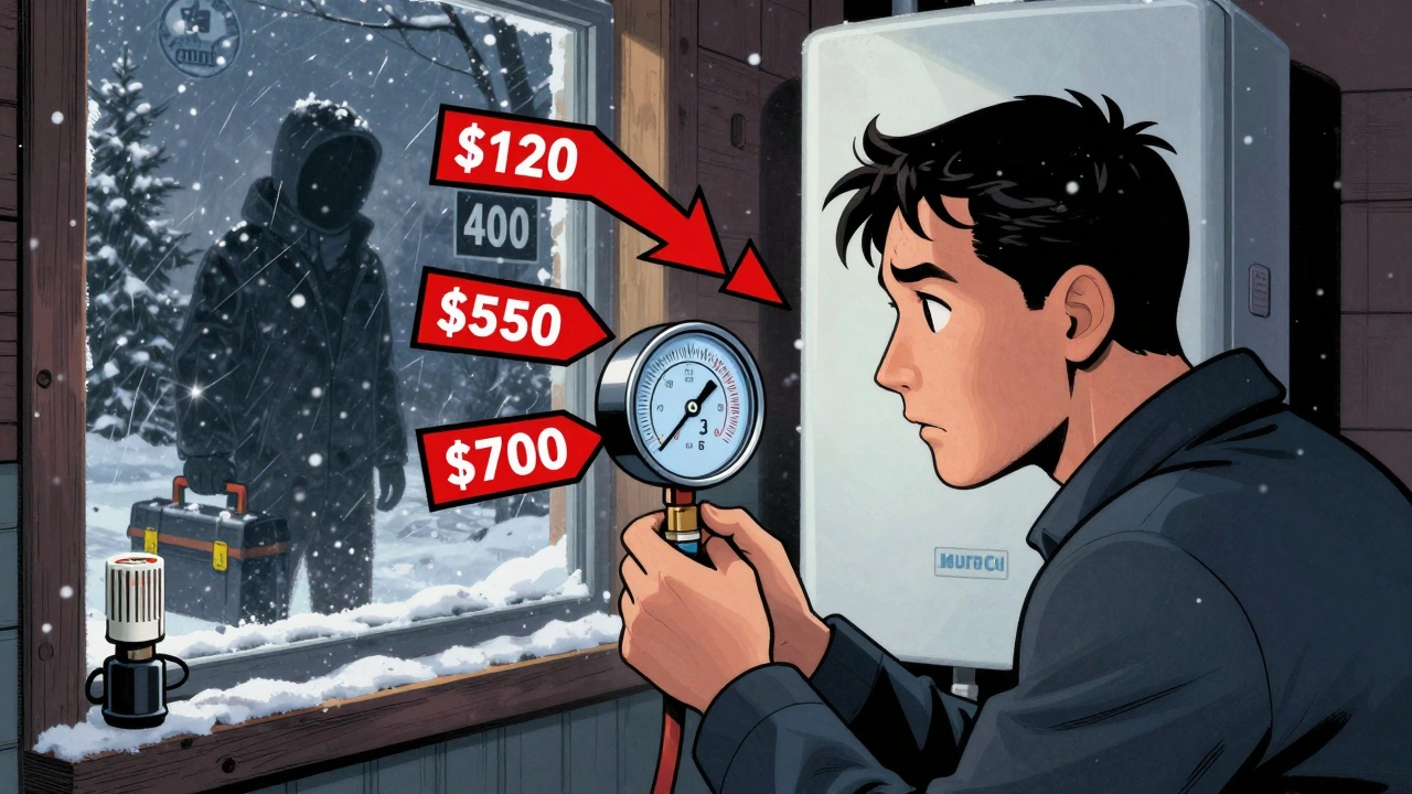 A homeowner checking a low boiler pressure gauge at night during a snowstorm, with emergency repair price tags floating nearby.