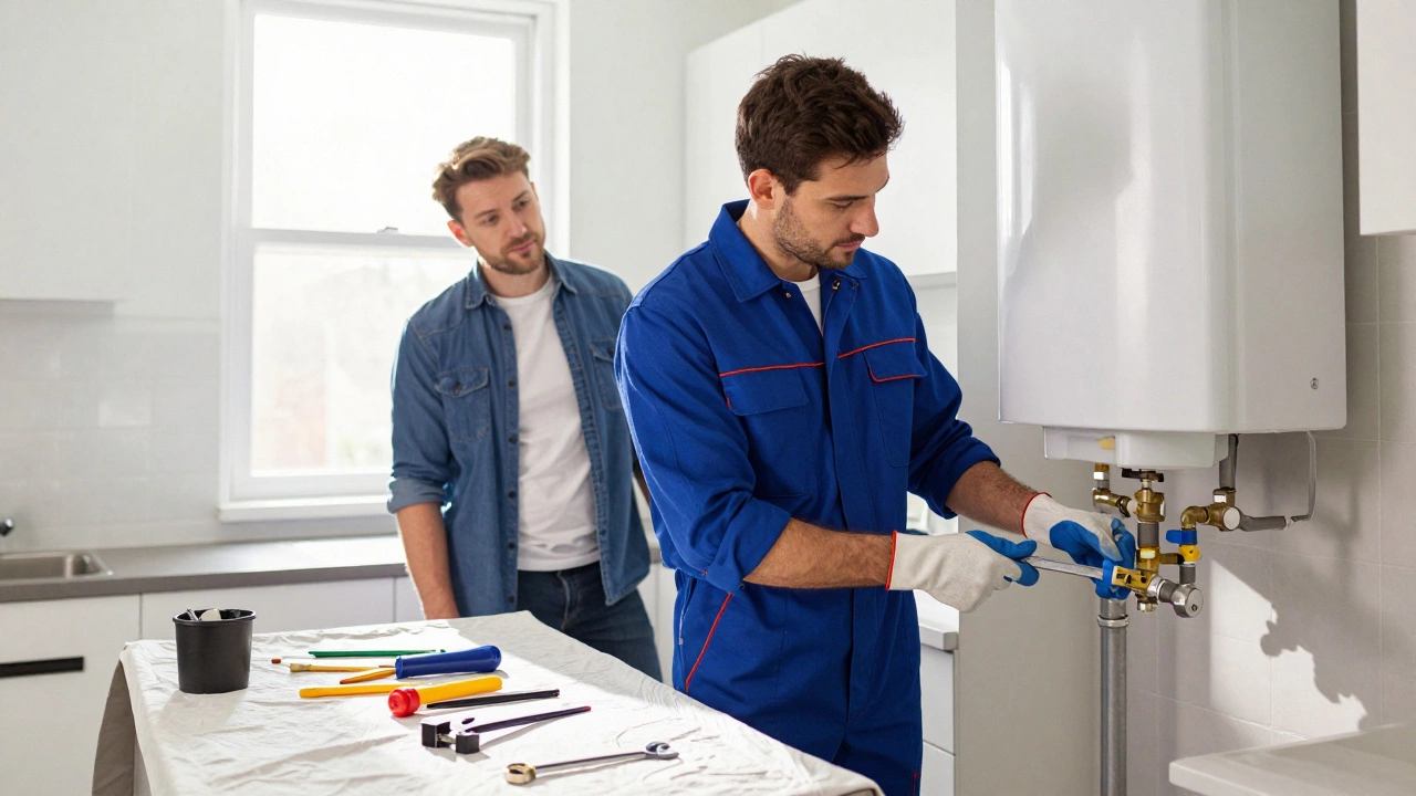A professional plumber replacing a pressure relief valve on a water heater while a homeowner watches.