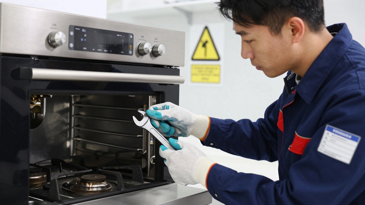 A technician replacing a gas valve in a gas oven with safety gear and tools.