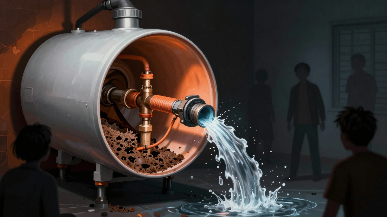 A water heater exploding internally with sediment, gas, and water flooding out in a symbolic explosion.