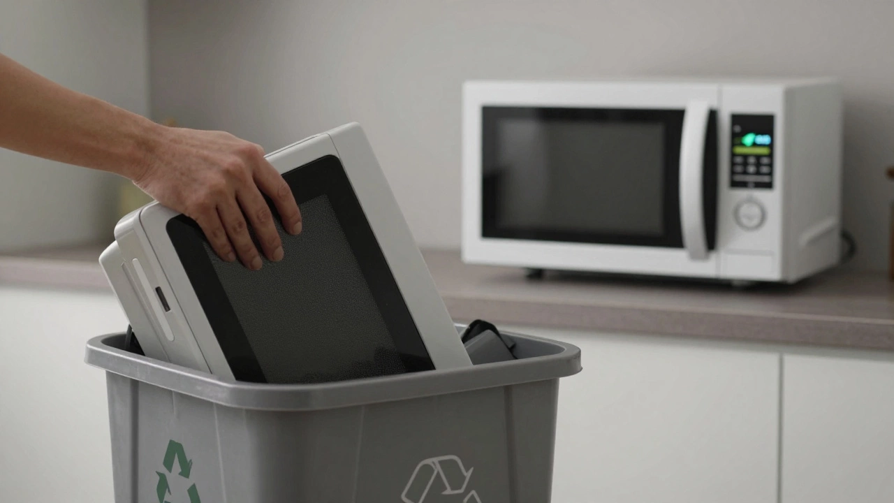 An old microwave being recycled while a new one glows on a kitchen counter with a green leaf symbol.