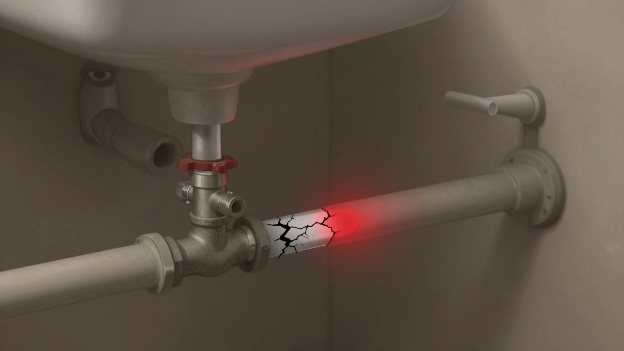 Cross-section of a clogged shower valve blocking hot water flow while other fixtures work normally.