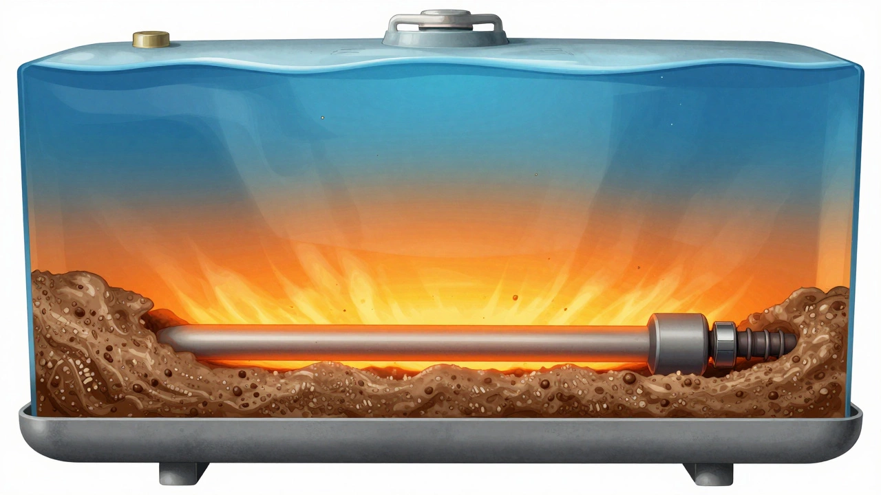Cross-section of a water heater showing sediment layer trapping heat beneath the heating element.