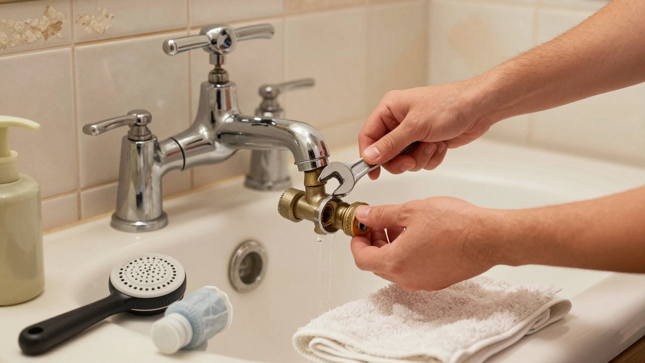 Homeowner removing a diverter valve from a bathtub spout with tools and vinegar-soaked showerhead nearby.