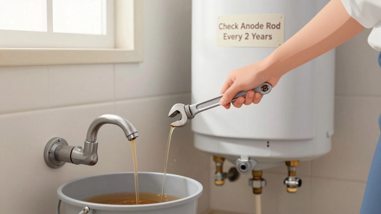 Homeowner removing anode rod from water heater as rusty water drips into a bucket.