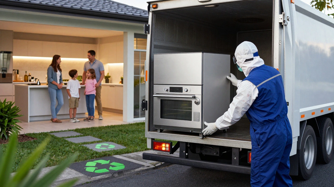 New cooker being delivered as old one is recycled, family smiling in background.
