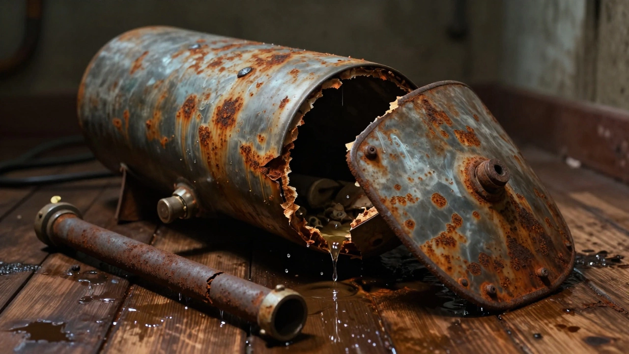 Rusted water heater tank cracked open with a decayed anode rod beside it on a wet wooden floor.