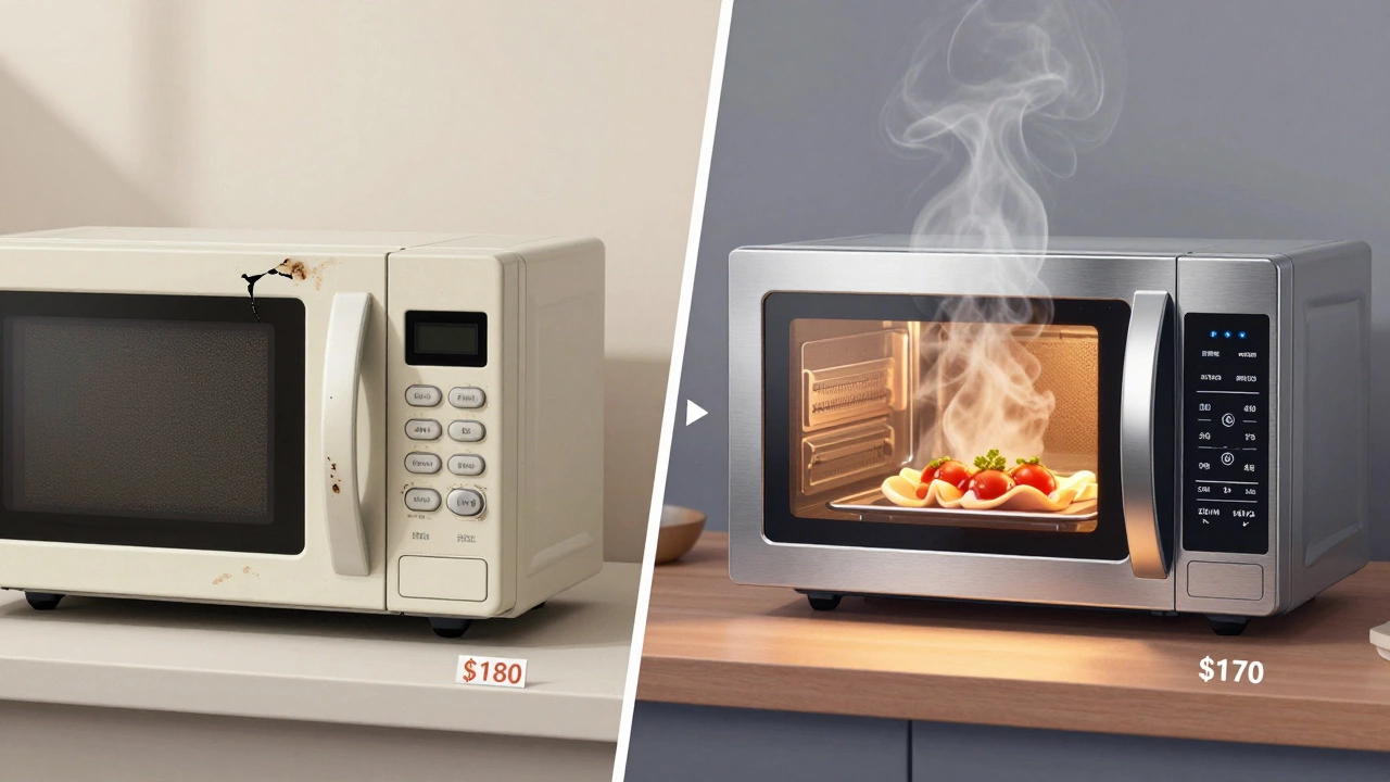 Side-by-side comparison of an old, worn microwave and a modern, efficient one with price tags.