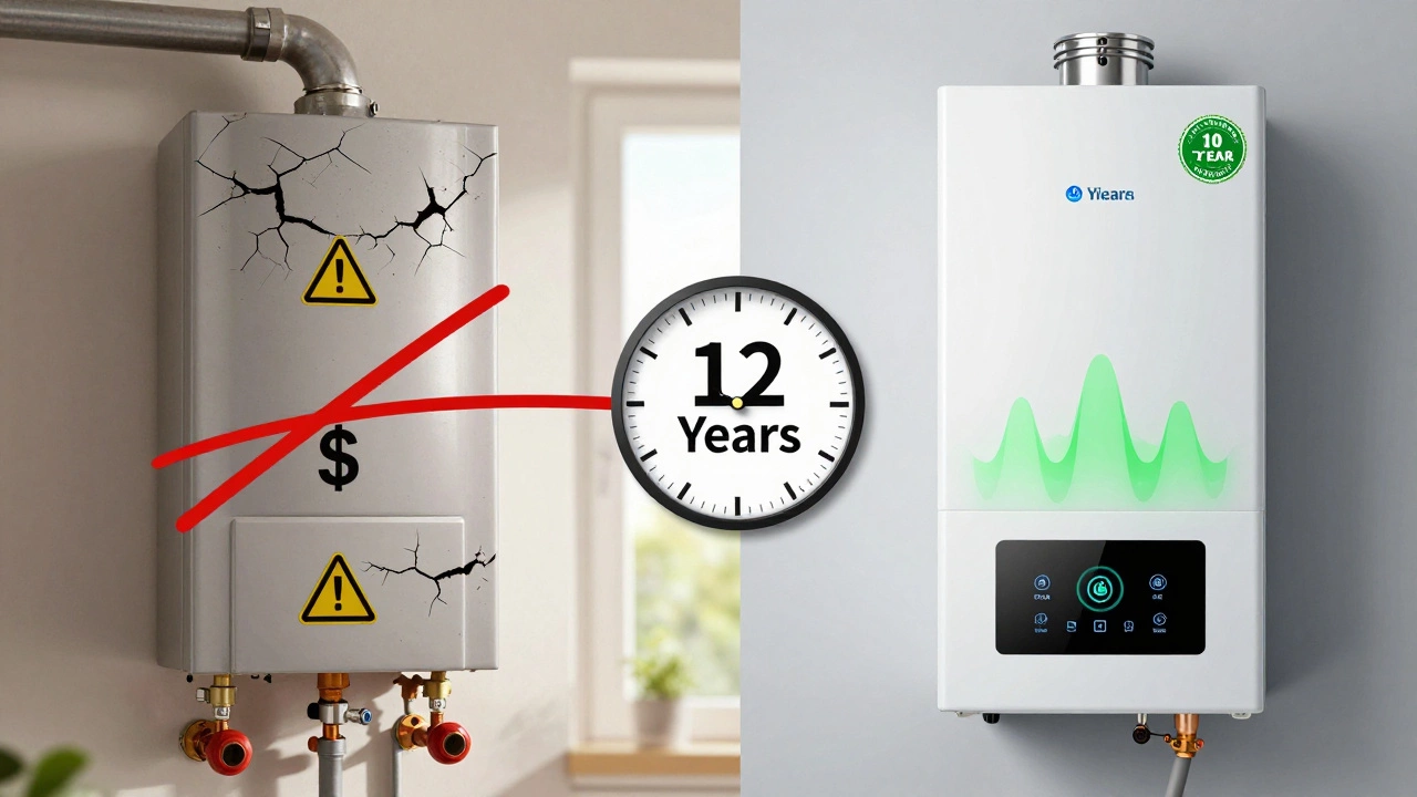 Split image contrasting an old, failing boiler with a modern efficient one, symbolizing repair versus replacement decision.