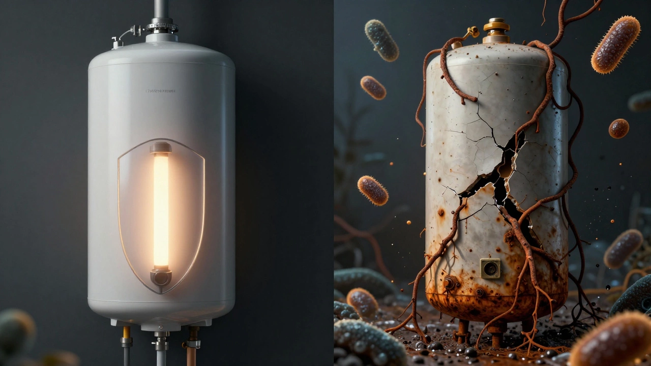 Split image: intact water heater with protective rod vs. rusted, leaking tank.