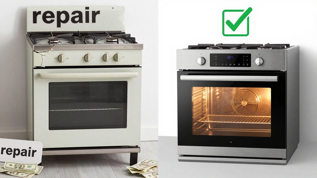Split image: old broken oven vs. new energy-efficient oven, symbolizing repair or replace.