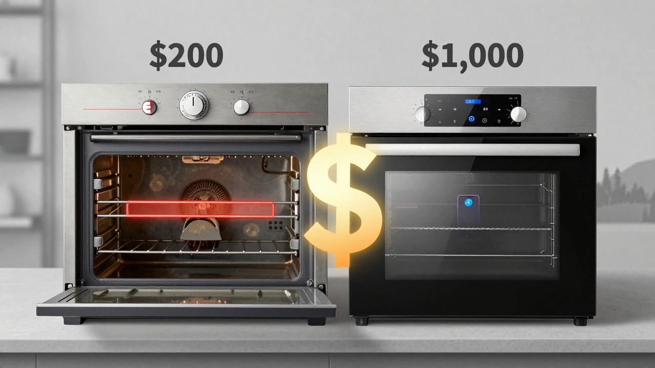 Split image showing old faulty oven versus new energy-efficient model.