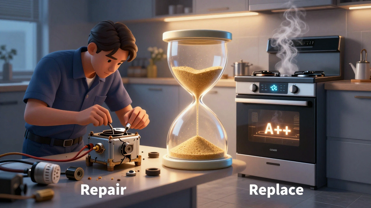 Split scene: technician repairing an old cooker vs. a modern energy-efficient model.