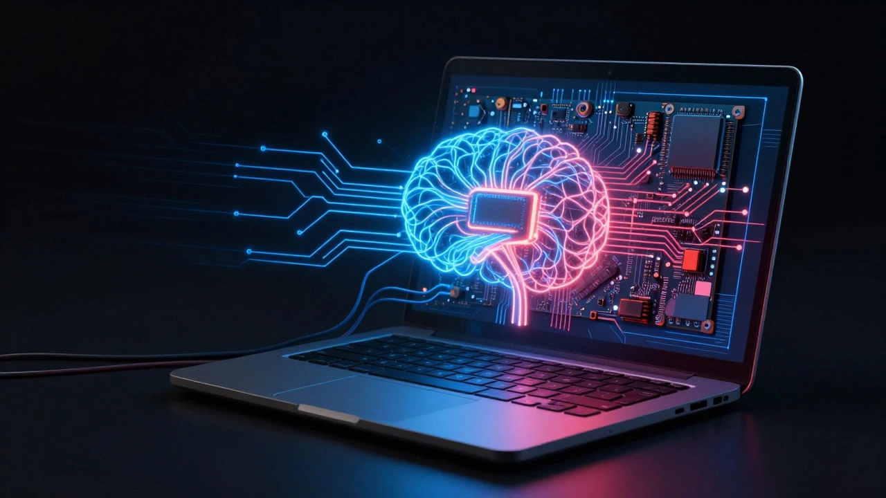 Surreal illustration of a laptop's motherboard as a glowing neural network at its core.